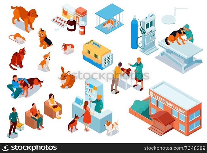 Isometric veterinary icon set with pets dogs cats rats drugs for pets veterinary clinic building vector illustration