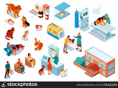 Isometric veterinary icon set with pets dogs cats rats drugs for pets veterinary clinic building vector illustration