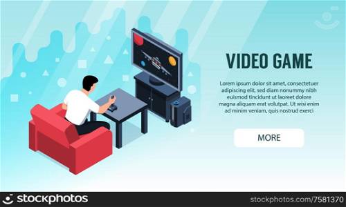 Isometric video game horizontal banner with editable text clickable more button and images of playing man vector illustration