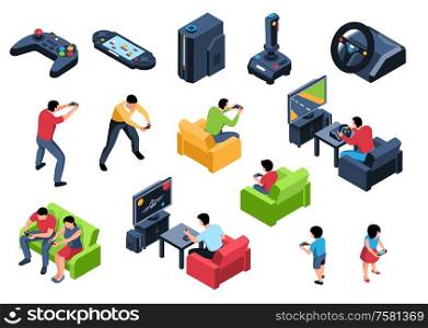 Isometric video game set of isolated joysticks gaming consoles and human characters with pieces of furniture vector illustration