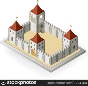 Isometric view of a medieval castle on a white background