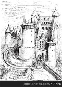 Isometric view of Coucy castle, vintage engraved illustration. Industrial encyclopedia E.-O. Lami - 1875.