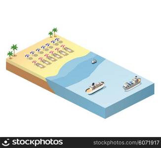 Isometric view of the sunny beach with umbrellas, deck chairs and blue sea with ships