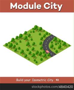 Isometric view projection summer landscape. Suburban highway road turn. Nature view of forest with trees. Isometric view projection