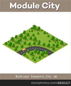 Isometric view projection summer landscape. Suburban highway road turn. Nature view of forest with trees. Suburban highway road turn