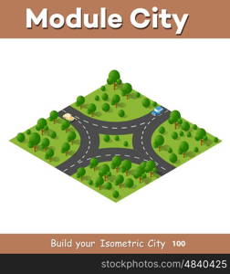 Isometric view projection summer landscape. Suburban highway road turn. Nature view of forest with trees. Suburban highway road turn