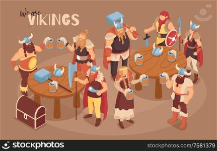 Isometric viking composition with ornate text and characters of vikings in ancient costumes with beer and weapons vector illustration