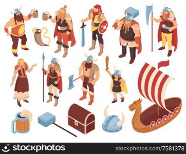 Isometric viking set of isolated human characters items of traditional clothing and ancient goods on blank background vector illustration