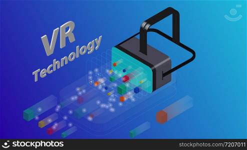 Isometric Virtual Reality Concept. Flat Design Template for mobile app and website. VR headset. Blue Gradient Background.. Isometric Virtual Reality Concept. VR headset. Flat Design Template