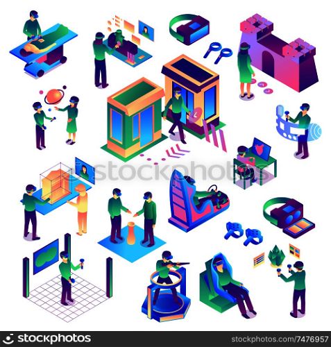 Isometric virtual reality set of colourful isolated images representing various human activities related to augmented reality vector illustration