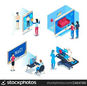 Isometric virtual reality simulations for education and work. Vector virtual reality simulation isometric, electronic interactive illustration. Isometric virtual reality simulations for education and work