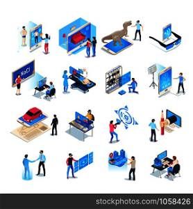 Isometric virtual reality simulations icons. Computer simulation helmet, augmented reality game or vr goggles immersion training. Immersive device equipment vector isolated illustration set. Isometric virtual reality simulations icons. Computer simulation helmet, augmented reality game vector illustration set