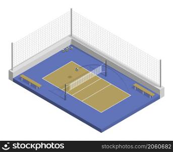 isometric volleyball court with net, parquet floor and markings lines. Volleyball playground top view. Sports ground for active recreation. Realistic 3d vector isolated on white back