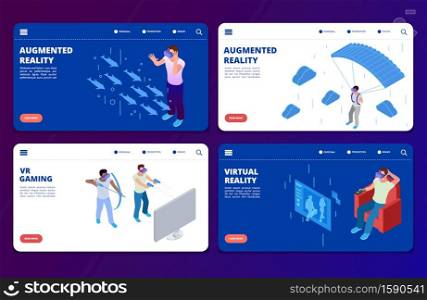 Isometric VR gaming, augmented reality vector landing pages templates. Illustration of virtual reality game, augmented isometric vr. Isometric VR gaming, augmented reality vector landing pages templates