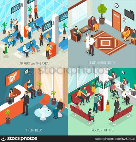 Isometric Waiting Areas Set. Set of isometric waiting areas in airport clinic and passport office near front desk isolated vector illustration