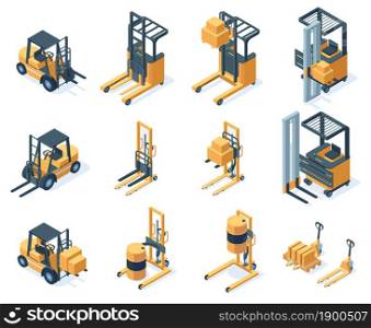 Isometric warehouse hydraulic cargo forklift trucks. Storage equipment, machinery transportation forklifts trucks vector illustration set. Warehouse lifting fork trucks. Forklift and freight cargo. Isometric warehouse hydraulic cargo forklift trucks. Storage equipment, machinery transportation forklifts trucks vector illustration set. Warehouse lifting fork trucks