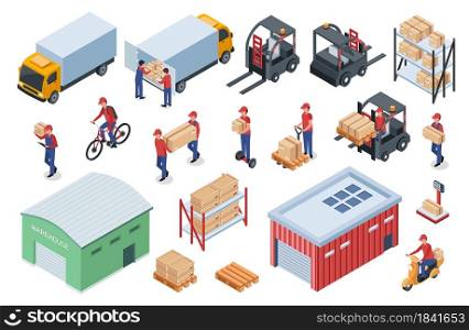 Isometric warehouse logistics, delivery workers, cargo vehicles. Forklift, truck, storage shelves with boxes, distribution center vector set. Employee with cardboard parcels on pallets. Isometric warehouse logistics, delivery workers, cargo vehicles. Forklift, truck, storage shelves with boxes, distribution center vector set