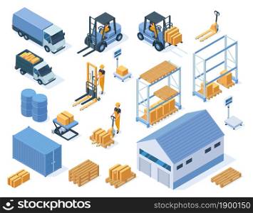 Isometric warehouse storage delivery logistic services elements. Warehouse building, forklifts and warehouse workers vector illustration set. Industrial storage equipment warehouse and storage. Isometric warehouse storage delivery logistic services elements. Warehouse building, forklifts and warehouse workers vector illustration set. Industrial storage equipment