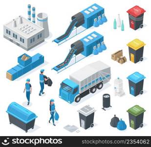 Isometric waste recycle, garbage plant, truck, industrial landfill environment. Garbage recycling, garbage can and scavengers vector illustration set. Waste recycling garbage isometric. Isometric waste recycle, garbage plant, truck, industrial landfill environment. Garbage recycling, garbage can and scavengers vector illustration set. Waste recycling