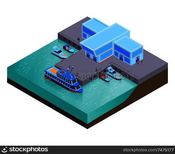 Isometric water transport composition with modern buildings of river station with boats at rest and people vector illustration