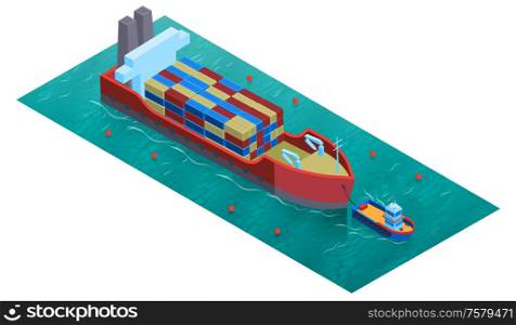 Isometric water transport composition with square platform water surface trawler boat and barge loaded with cargo vector illustration