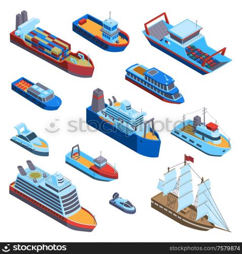 Isometric water transport set with isolated images of modern and vintage sea vessels on blank background vector illustration
