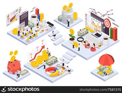 Isometric wealth management concept with abstract room or square islands and stairs about wealth management theme people planning strategy vector illustration