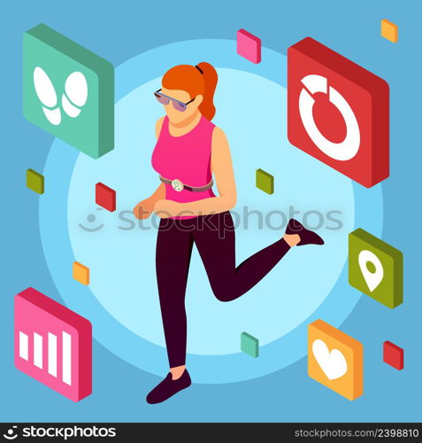 Isometric wearable sport devices background with female human character doing taking exercises with mobile fitness application pictograms vector illustration. Fitness Apps Isometric Background