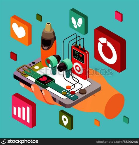 Isometric wearable sport devices conceptual composition with human hand holding smartphone smart watch headphones with app pictograms vector illustration. Isometric Sport Devices Composition