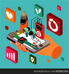 Isometric wearable sport devices conceptual composition with human hand holding smartphone smart watch headphones with app pictograms vector illustration. Isometric Sport Devices Composition