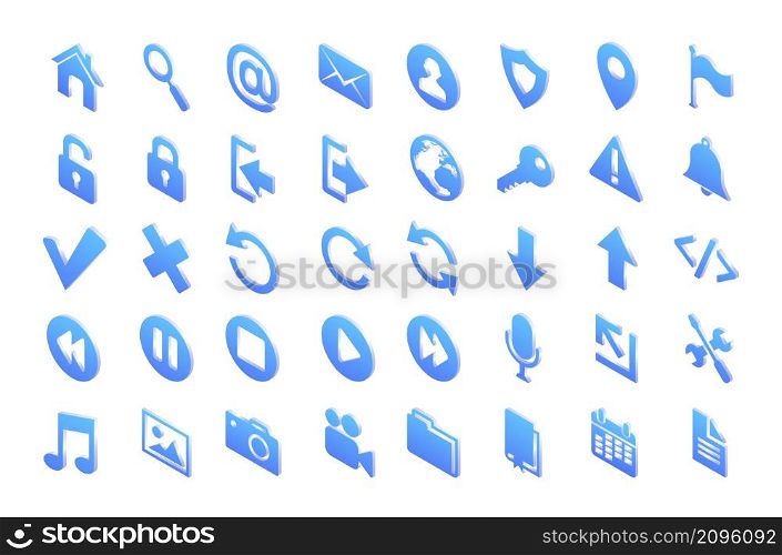 Isometric web icons with symbols of mail, search, home, globe and photo. Vector set of blue buttons for website, computer or phone with signs of media, message, calendar, music and download. Isometric web icons of mail, search, home