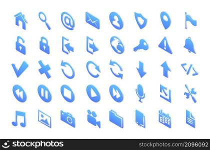 Isometric web icons with symbols of mail, search, home, globe and photo. Vector set of blue buttons for website, computer or phone with signs of media, message, calendar, music and download. Isometric web icons of mail, search, home