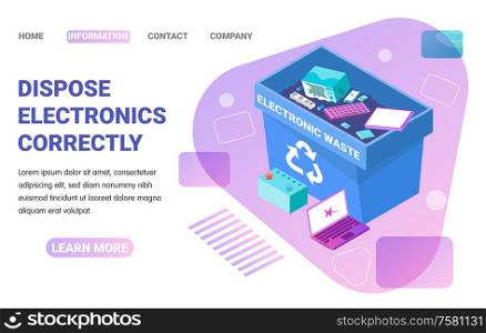 Isometric web page with image of container for ewaste 3d vector illustration