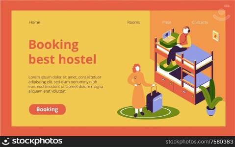 Isometric website page with hostel guests with luggage in dormitory 3d vector illustration