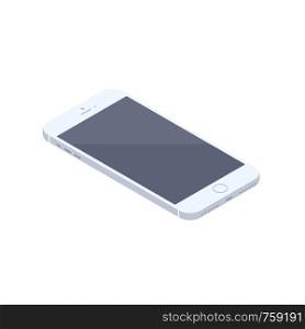 Isometric white smartphone isolated illustration. Technology and computing design element. Horizontally oriented mobile phone with locked display isometric vector 3d cartoon on white background.. Isometric white smartphone isolated illustration.