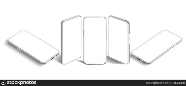Isometric white smartphone mockup. Mobile app presentation template, smartphones screen and modern mobile phone perspective view realistic 3D vector set. Cellphone model cliparts collection. Isometric white smartphone mockup. Mobile app presentation template, smartphones screen and modern mobile phone perspective view realistic 3D vector set. Phone model cliparts pack