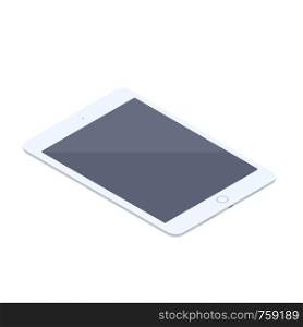 Isometric white tablet isolated illustration. Technology and computing design element. Horizontally oriented tablet pad with locked display vector isometric 3d cartoon on white background.. Isometric white tablet isolated illustration.