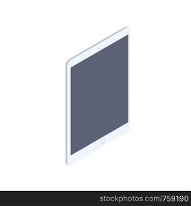 Isometric white tablet isolated illustration. Technology and computing design element. Vertically oriented tablet pad with locked display vector 3d isometric cartoon on white background.. Isometric white tablet isolated illustration.