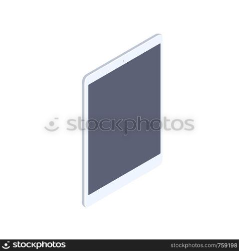 Isometric white tablet isolated illustration. Technology and computing design element. Vertically oriented tablet pad with locked display vector 3d isometric cartoon on white background.. Isometric white tablet isolated illustration.