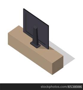 Isometric Wide Screen TV on Stand. Isometric wide screen TV on brown stand. LCD TV monitor back view. Isometric room interior element with shadow in flat. Smart TV Mock-up. LED TV. Plasma TV. Furniture element for home interior.