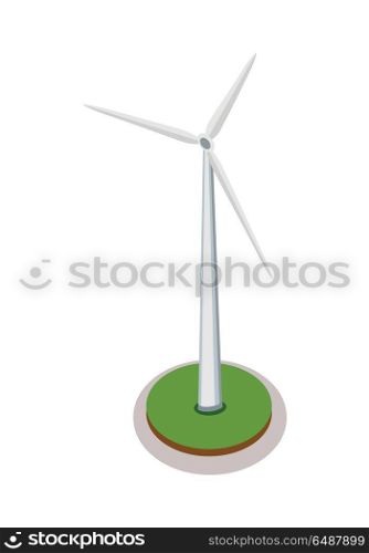 Isometric Wind Turbine. Isometric wind turbine. Wind turbine icon. Green energy industrial, wind power station element. City isometric object in flat. Isolated vector illustration on white background.