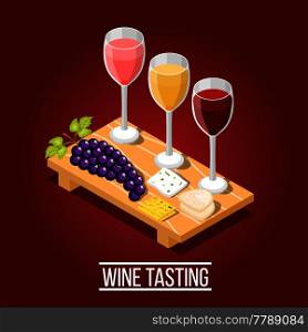 Isometric wine production background with images of wooden carving board wine glasses grape and cheese pieces vector illustration. Wine Tasting Isometric Background