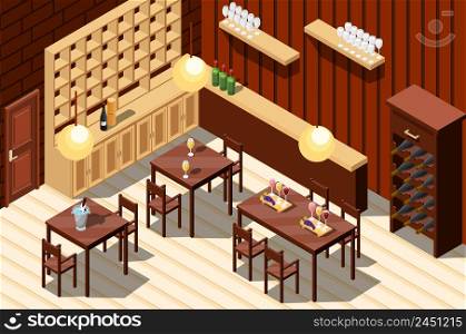 Isometric wine restaurant indoor composition with room interior shelves with bottles and served tables with chairs vector illustration. Wine Restaurant Isometric Interior