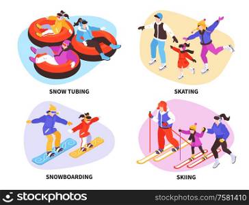 Isometric winter holiday compositions set with text and human characters in warm clothes on ski and snowboards vector illustration