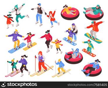 Isometric winter holiday time set with isolated characters of children and adults during sport activities vector illustration