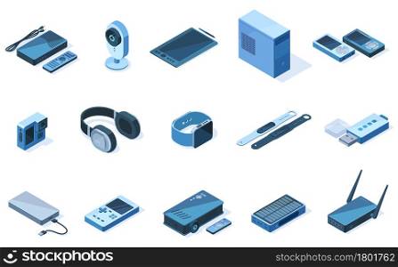 Isometric wireless 3d technology electronic gadgets equipment. Tablet, headphone, tracker devices vector illustration set. Wireless network electronic devices as flash drive and action camera. Isometric wireless 3d technology electronic gadgets equipment. Tablet, headphone, tracker devices vector illustration set. Wireless network electronic devices