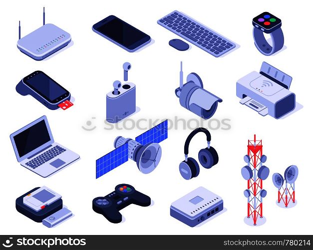 Isometric wireless devices. Computer connect gadgets, wireless connection remote controller and router device. Home internet technology wifi devices. Isolated 3d icons vector set. Isometric wireless devices. Computer connect gadgets, wireless connection remote controller and router device 3d vector set