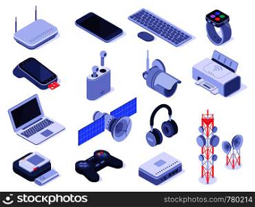 Isometric wireless devices. Computer connect gadgets, wireless connection remote controller and router device. Home internet technology wifi devices. Isolated 3d icons vector set. Isometric wireless devices. Computer connect gadgets, wireless connection remote controller and router device 3d vector set
