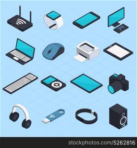 Isometric Wireless Mobile Devices. Isometric set of wireless mobile devices with smartphone notebook headphones usb tablet printer mouse modem icons isolated vector illustration