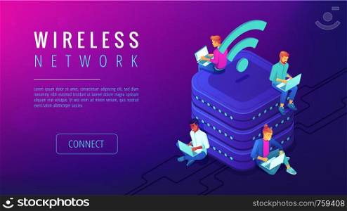 Isometric wireless network landing page. People with laptops working in the same wireless network. Wifi connecting and net configuration concept on ultraviolet background. Vector 3d illustration.. Isometric wireless network landing page